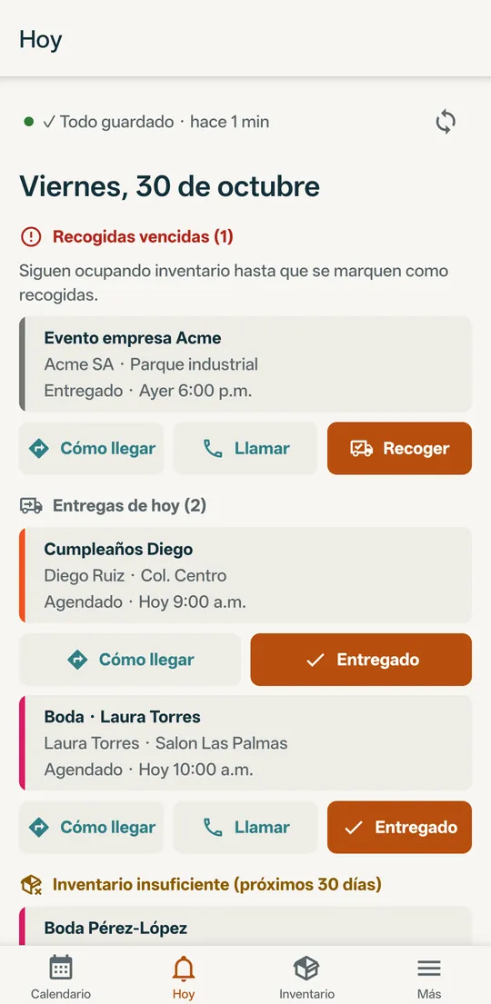 Pestaña Hoy con entregas, recogidas y botones de Cómo llegar y Llamar